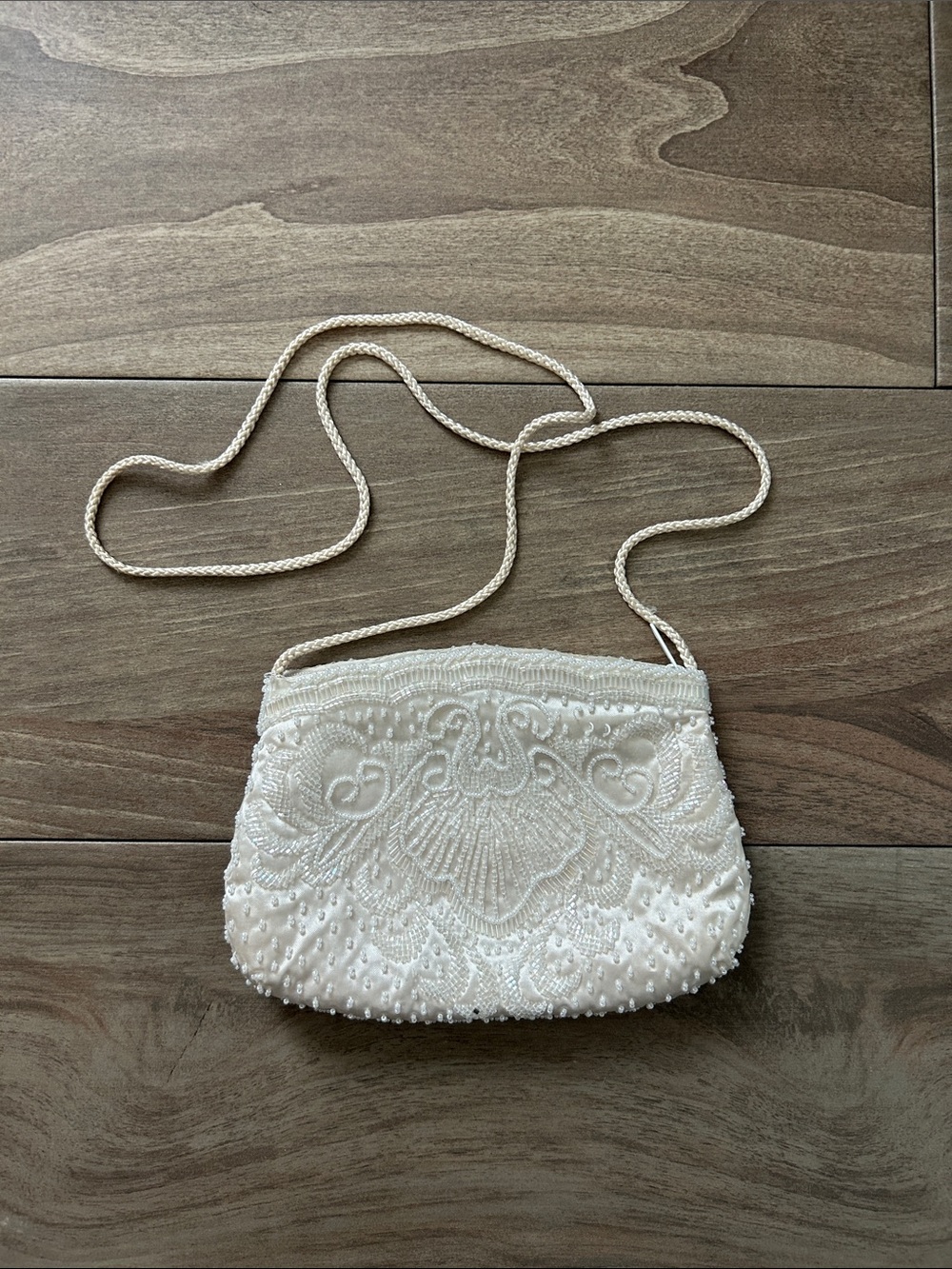 Elegant White Beaded Crossbody Bag